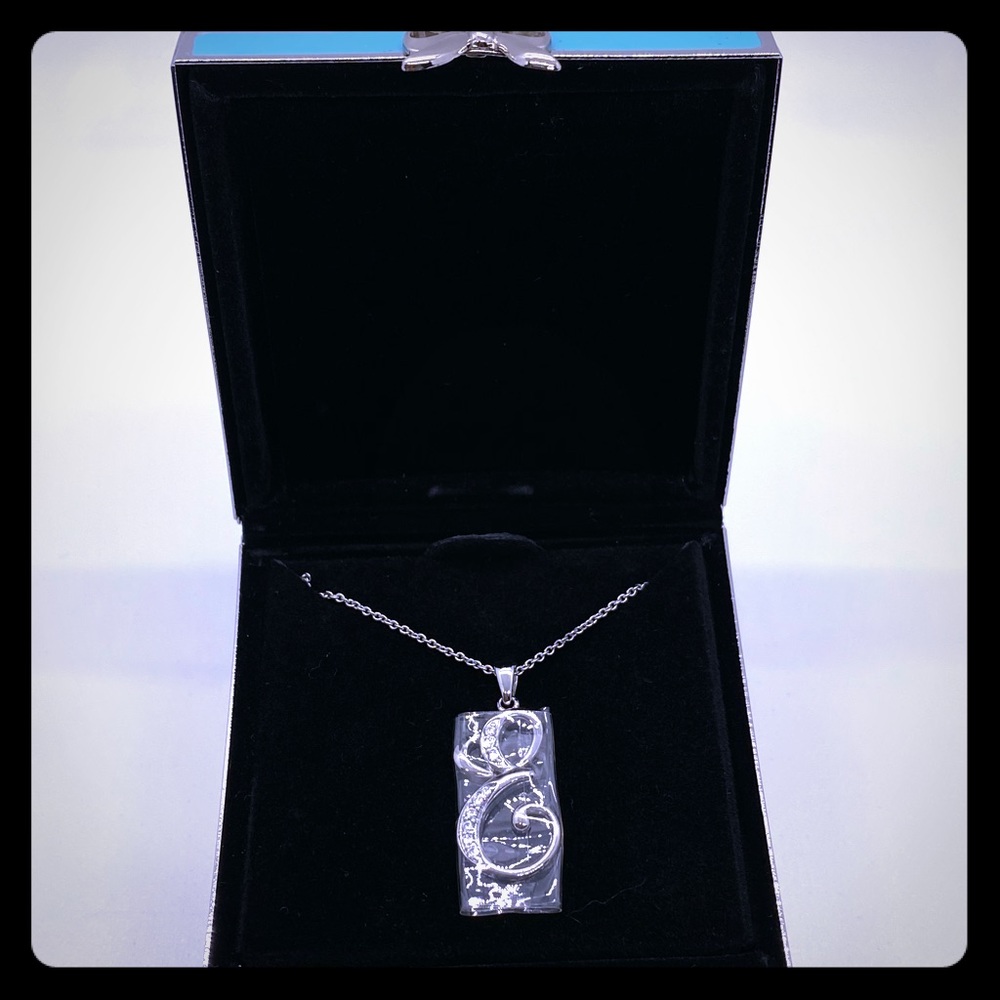 Silver necklace with letter E pendant, diamond CZ.